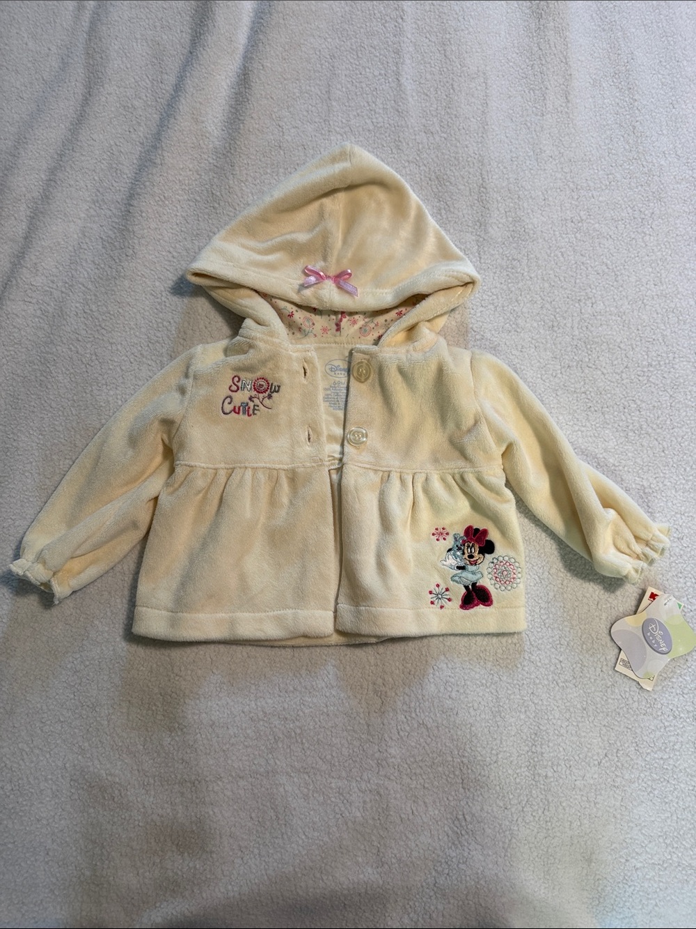 Disney Cream Hooded Baby Jacket with Pink Accents and Minnie Embroidery